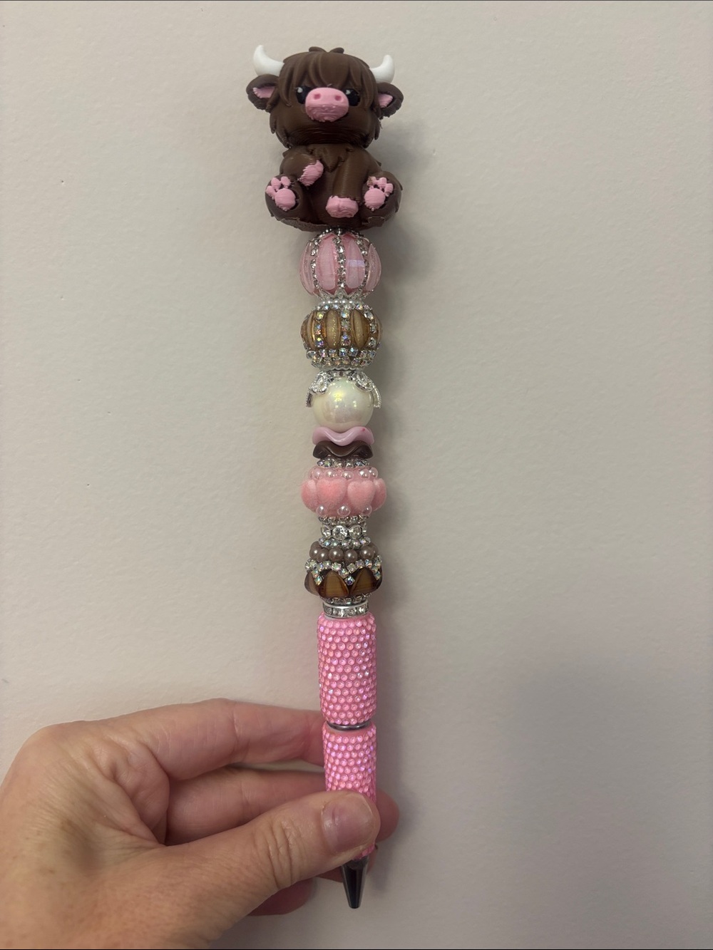 Custom made Pink Beaded Pen with cute highland cows- Extended